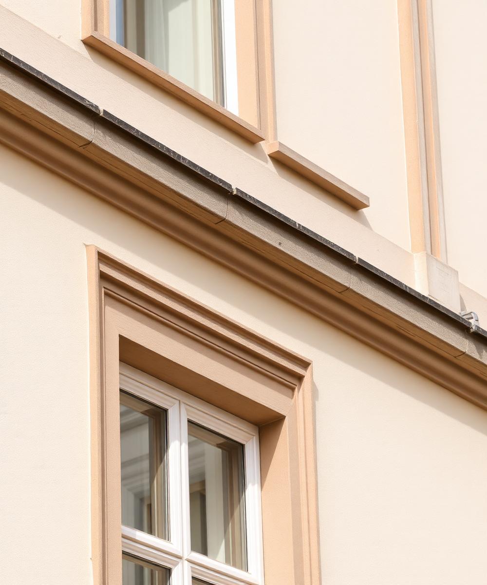 Detail einer klassischen Berliner Putzfassade mit Gesims und Fensterlaibung